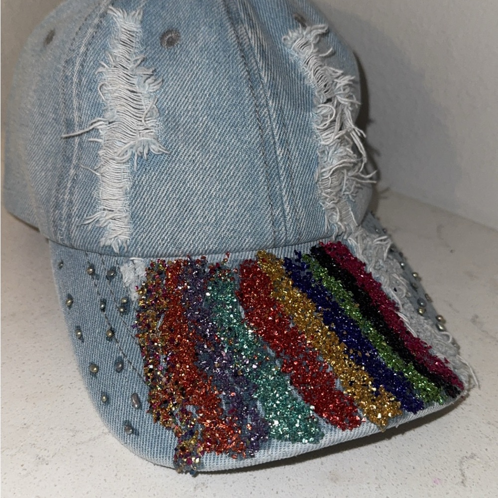 Distressed Denim Cap with Colorful Glitter Stripes